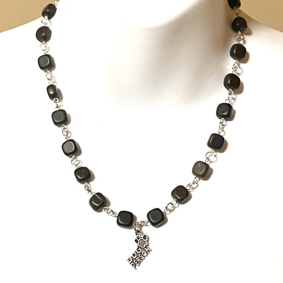Genuine Black Agate Cube Necklace, Cute Dog Person Paw Print Pendant + Gemstone - Picture 2 of 9